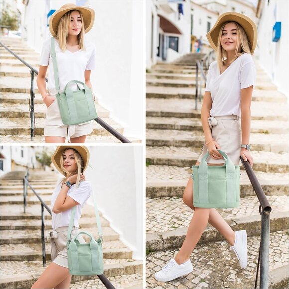 Women's Green Canvas Tote Bag With Multi Pockets Mini Shoulder Bags With Zipper - Picture 6 of 6